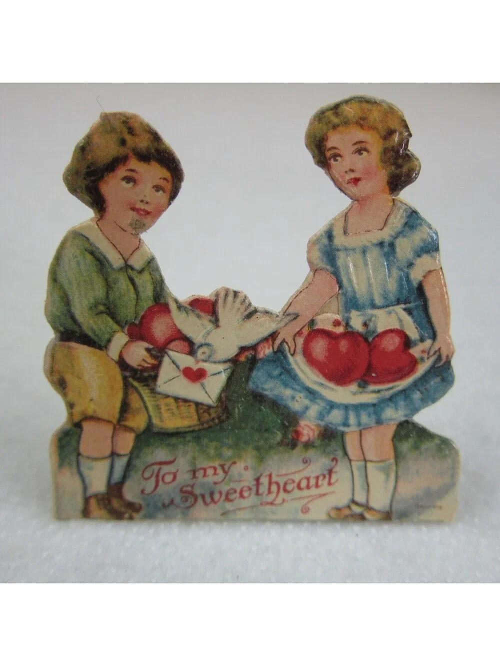 Vintage Valentine Die Cut Stand Up Boy Girl Heart Dove 1920-30s Germany UNSIGNED